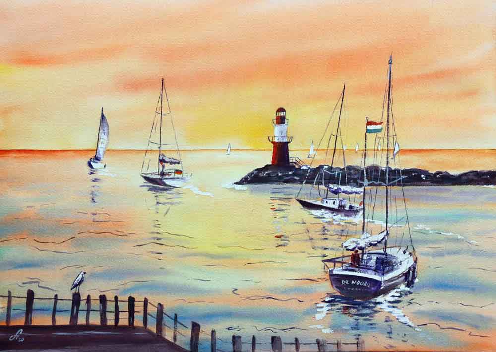 Molenfeuer Ostmole Rostock Nordsee Norddeutschland Aquarell Bilder Malerei kaufen