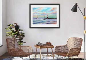 Molenfeuer Ostmole Rostock Aquarell Nordsee Norddeutschland