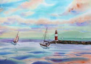 Molenfeuer Ostmole Rostock Aquarell Nordsee Norddeutschland